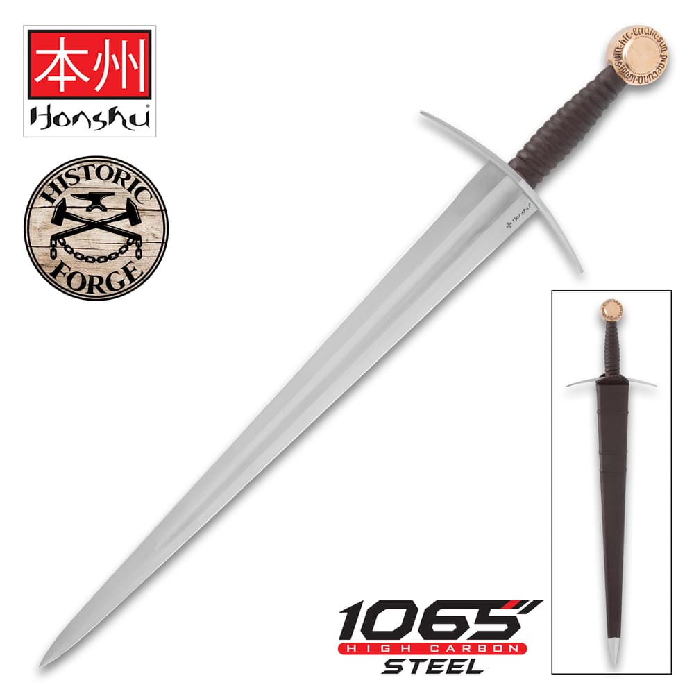 Full view of the Honshu Historic Forget Oakeshott 14th Century Sword, both in and out of its scabbard, with the “Honshu” and “Historic Forge” logos. image number 0