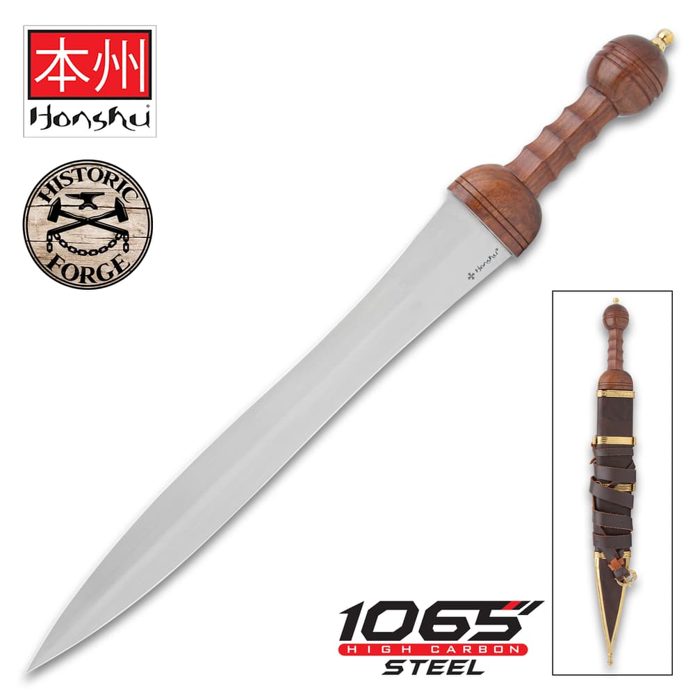 The Honshu Historic Forge Roman Mainz Pattern Gladius is shown both in and out of its scabbard next to the “Honshu” and “Historic Forge” logos. image number 0