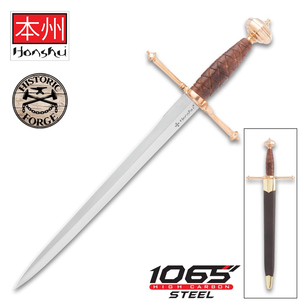 The Honshu Historic Forge Italian Dagger is shown both in and out of its sheath next to the “Honshu,” “Historic Forge,” and “1065 Carbon Steel” logos. image number 0