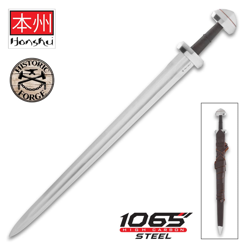 Full view of the Honshu Historic Forge Viking Sword, shown both in and out of its sheath, next to the “Honshu,” “Historic Forge”, and “1065 Carbon Steel” logos. image number 0