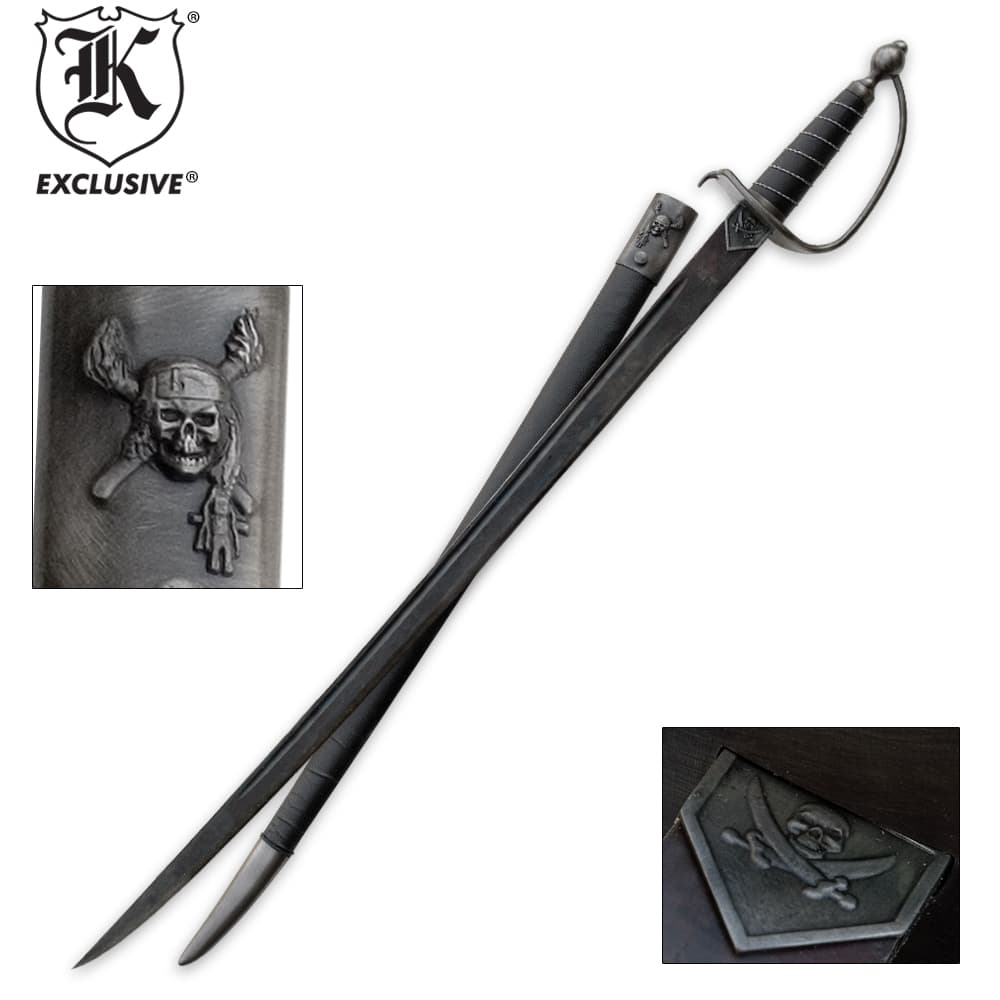K Exclusive Captain Hook Pirate Cutlass sword skull detail shown aside the full sword with matching black wooden scabbard. image number 0