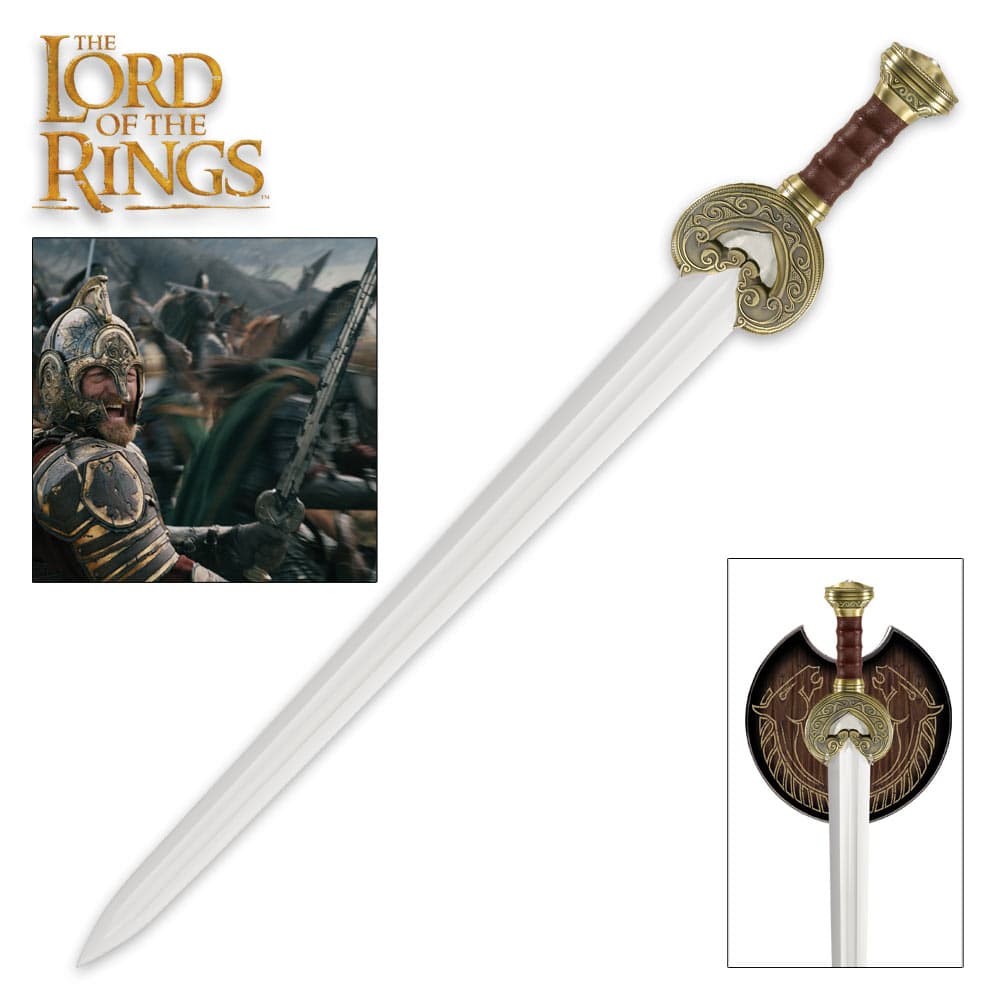Lord of the rings sword with brass plated metal guard, genuine leather handle and pommel adjacent to wooden display plaque image number 0