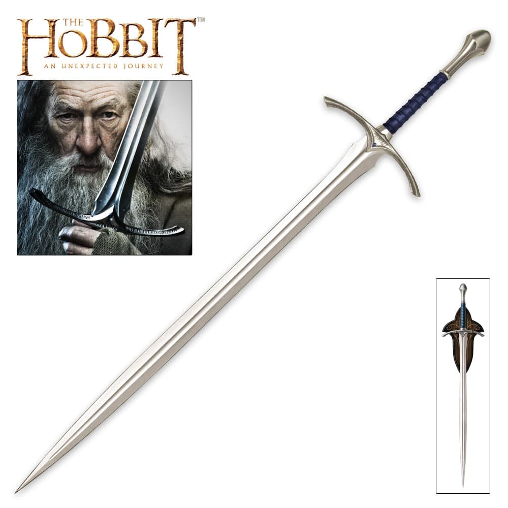 The Hobbit Glamdring sword shown in full between photos of the sword held by character Gandalf and displayed on a wooden wall plaque. image number 0