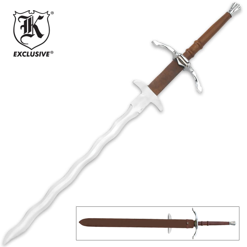 K Exclusive Bastard Kriss Sword shown with full with two handed leather wrapped handle and wavy blade and shown inside scabbard. image number 0