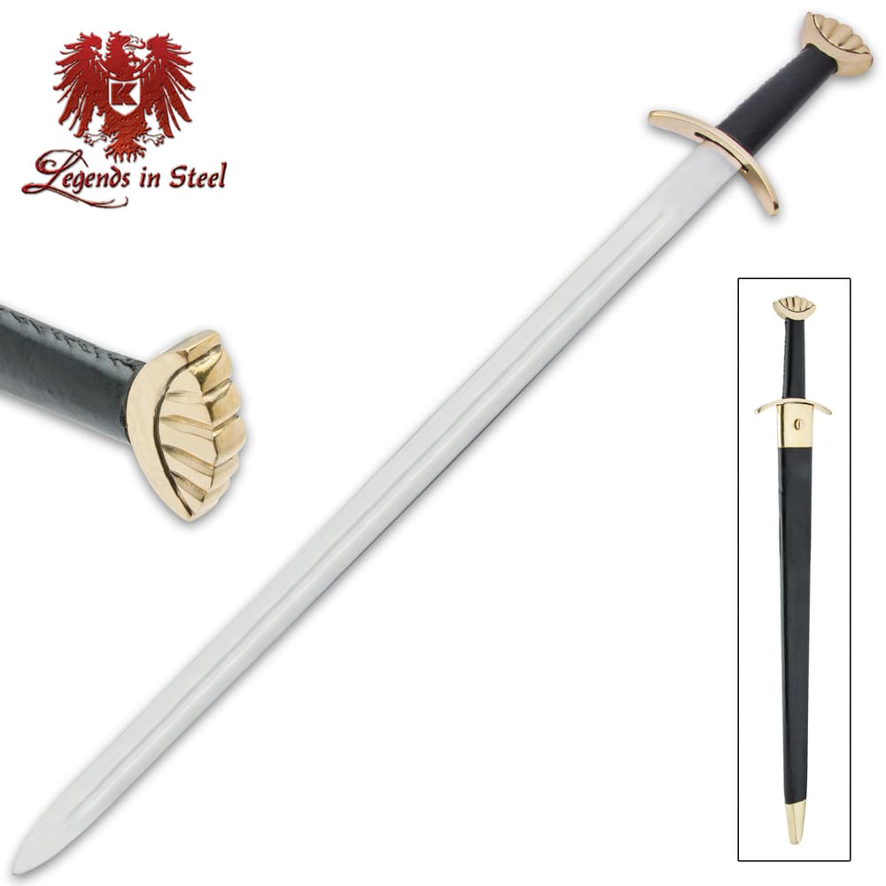 Legends in Steel Norseman Viking long sword shown with detailed brass pommel and in leather scabbard. image number 0