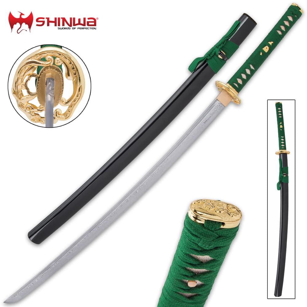 Japanese sword set in different angles with close views of the gold like tsuba extended to the handle wrapped with green cord image number 0