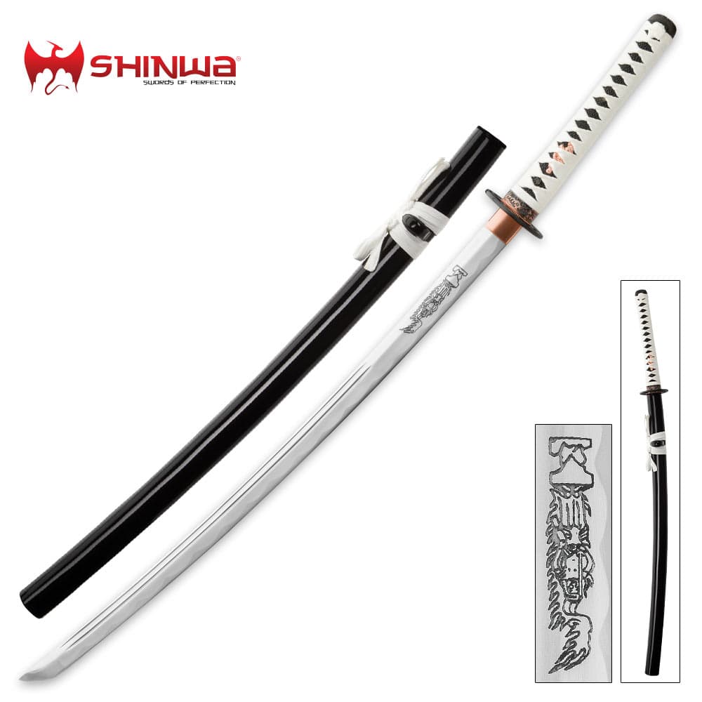 Shinwa “Ironborn” Katana has a hand-forged blade with engraving and black glossy scabbard. image number 0