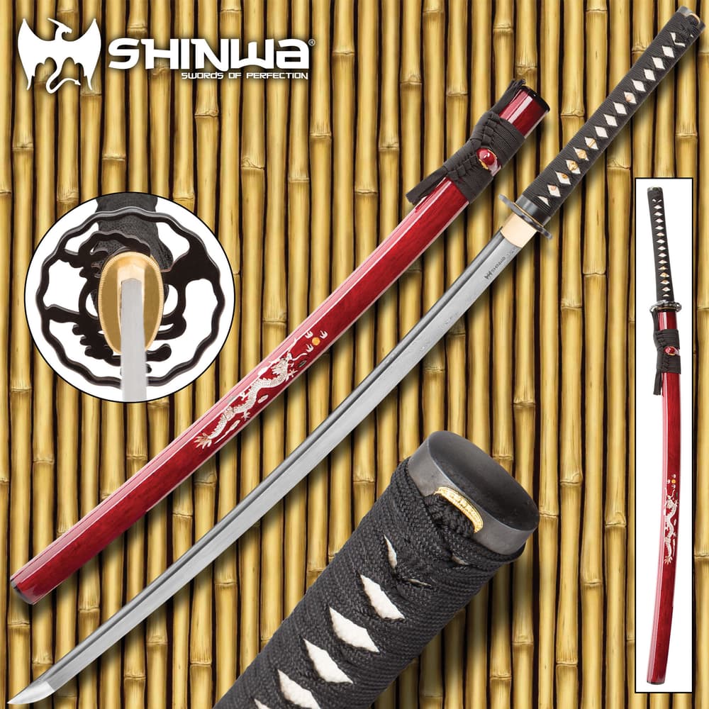 Shinwa Imperial Dragon katana shown from various views, including detailed shot of metal tsuba, red scabbard, and black cord wrapped handle. image number 0