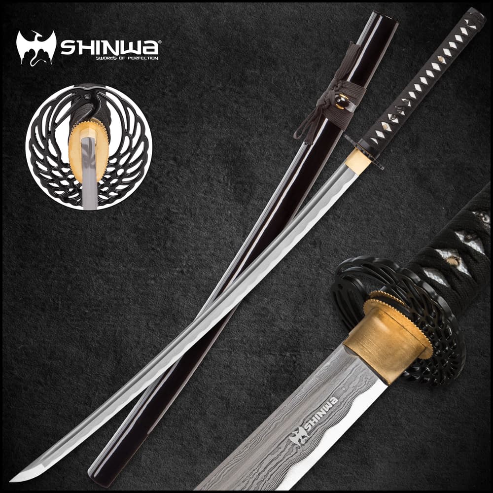 Various zoomed views showing the shinwa handmade katana with damascus steel blade displayed on wooden stand wrapped handle image number 0