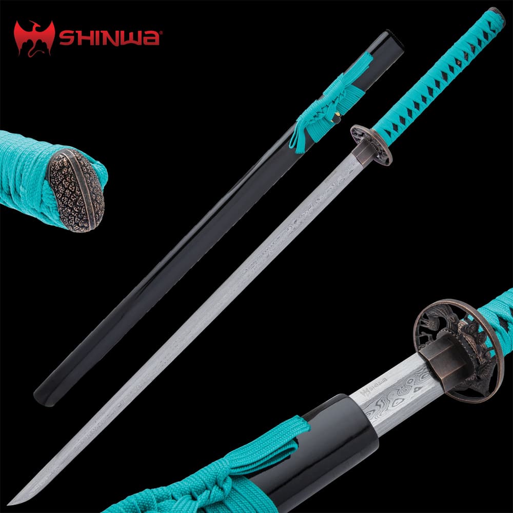 Shinwa Teal Zatoichi Sword And Scabbard - Damascus Steel Blade, Hardwood Handle, Traditional Cord-Wrap, Genuine Rayskin image number 0