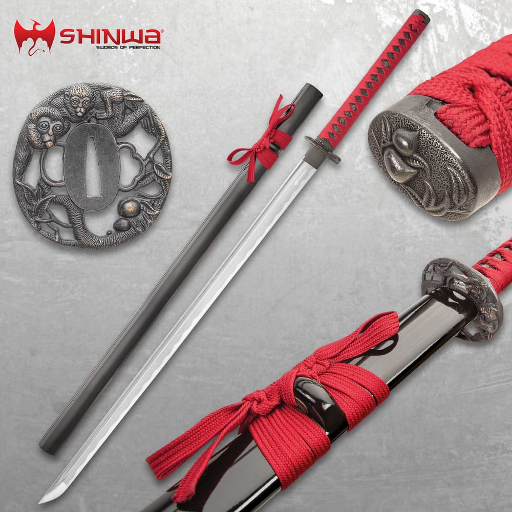 Shinwa Damascus Steel Red Knight Katana Sword Hand Forged image number 0