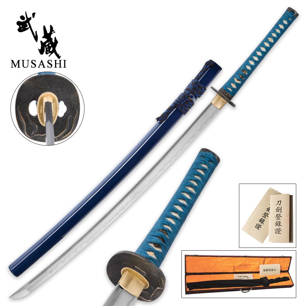 Musashi katana with carbon steel, brass habaki and tsuba lay next to blue scabbard wrapped with blue black accent cord image number 0