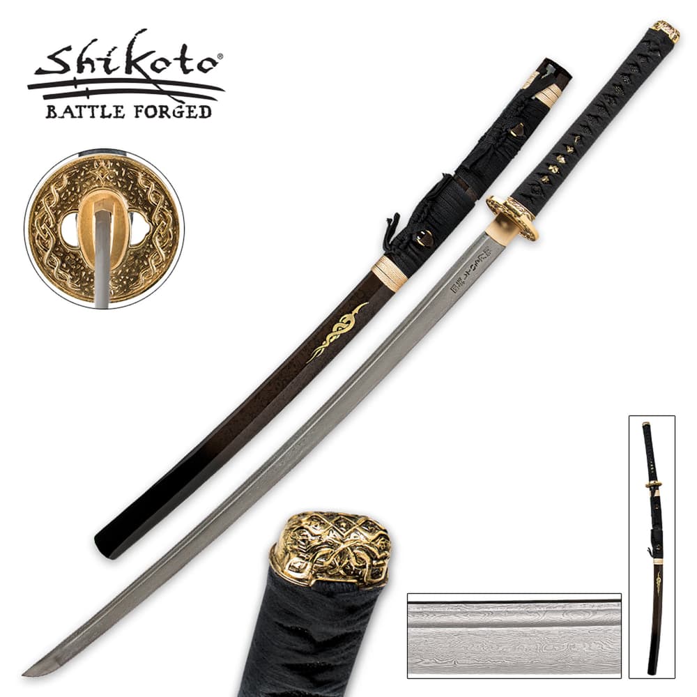 Shikoto Kogane Dynasty katana with Damascus blade shown with ornate brass guard and pommel and hardwood scabbard. image number 0