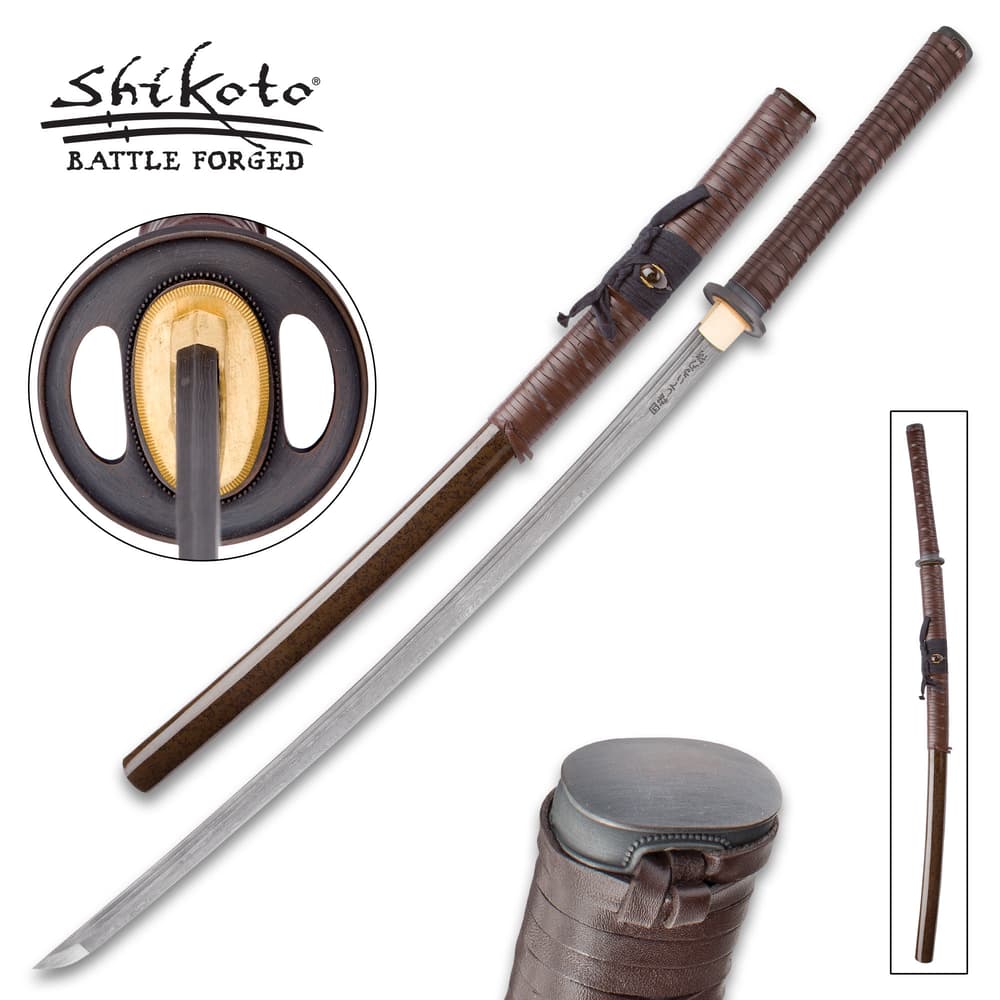 Shikoto Rurousha handmade katana shown with cast tsuba, wooden scabbard wrapped in leather to match the leather wrapped handle. image number 0