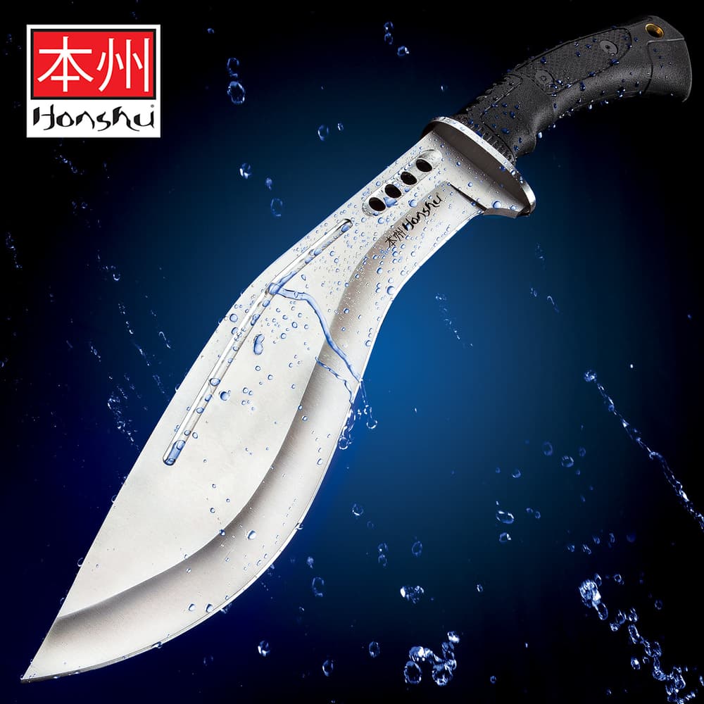 Honshu Boshin Kukri with a full-tang 13 1/8” 7Cr13 stainless steel blade with TPR handle shown on a blue background. image number 0