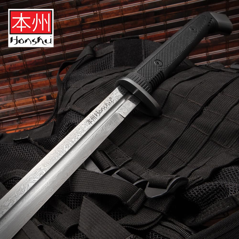 Honshu Boshin Damascus Double Edge Sword With Scabbard - Damascus Steel Blade, TPR Textured Handle, Stainless Guard And Pommel - Length 40 13/16” image number 0