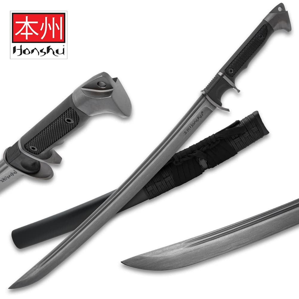 The Honshu Damascus Sub-hilt Wakizashi comes with a black wooden scabbard image number 0