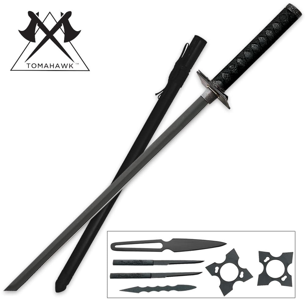 Tomahawk black ninja sword set has ninja sword, black scabbard, set of throwing knives, removable throwing stars and mini tanto. image number 0