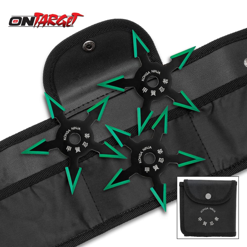 Full image of the On Target Emerald Shadow Throwing Star Trio and sheath. image number 0