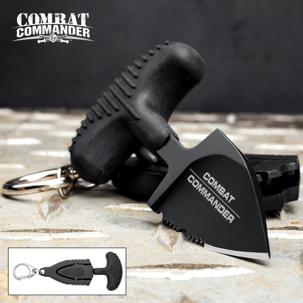 Combat Commander Mini Black Push Dagger - Sheath Has Keyring And Clip - Serrated Blade - 2 3/4” Length image number 0