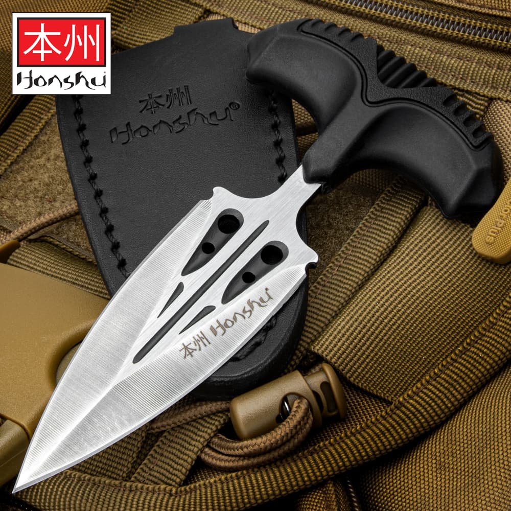 Honshu Large Covert Defense Push Dagger And Sheath - 7Cr13 Stainless Steel Blade, Molded TPR Handle - Length 5 7/8” image number 0