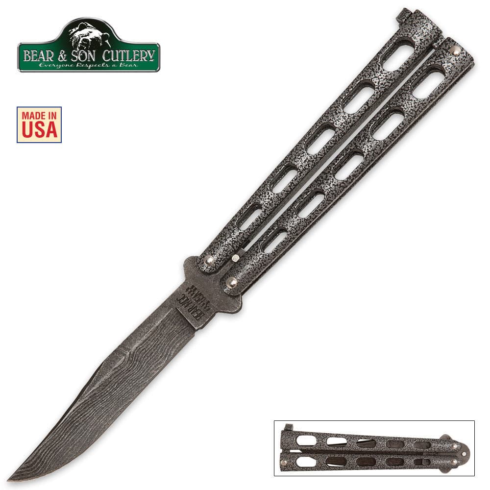 Bear & Son Silver Vein Butterfly Knife Damascus image number 0