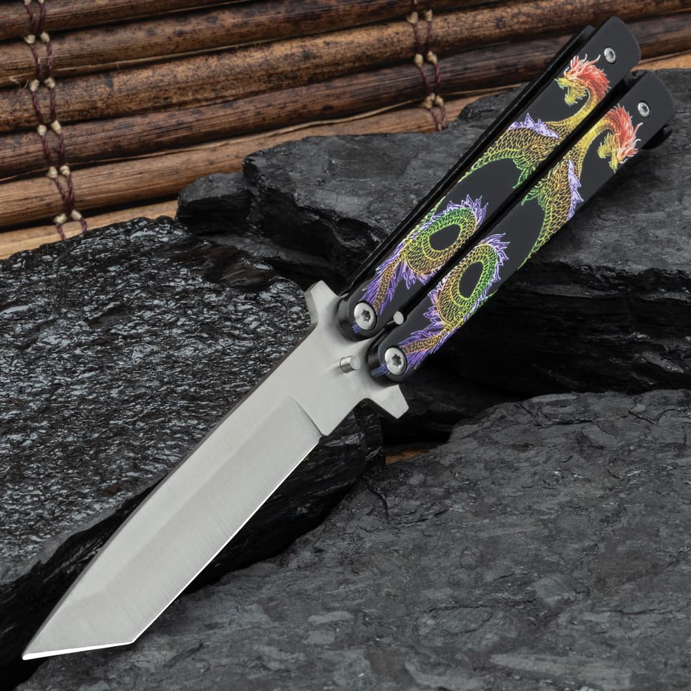 Twin Dragons Purple And Blue Butterfly Knife - Stainless Steel Blade, Aluminum Handle, Vivid Artwork, Latch Lock - Length 8 3/4” image number 0