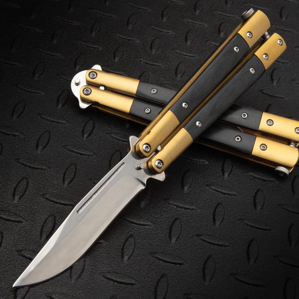 Full image of the Goldwing Butterfly Knife open and closed. image number 0