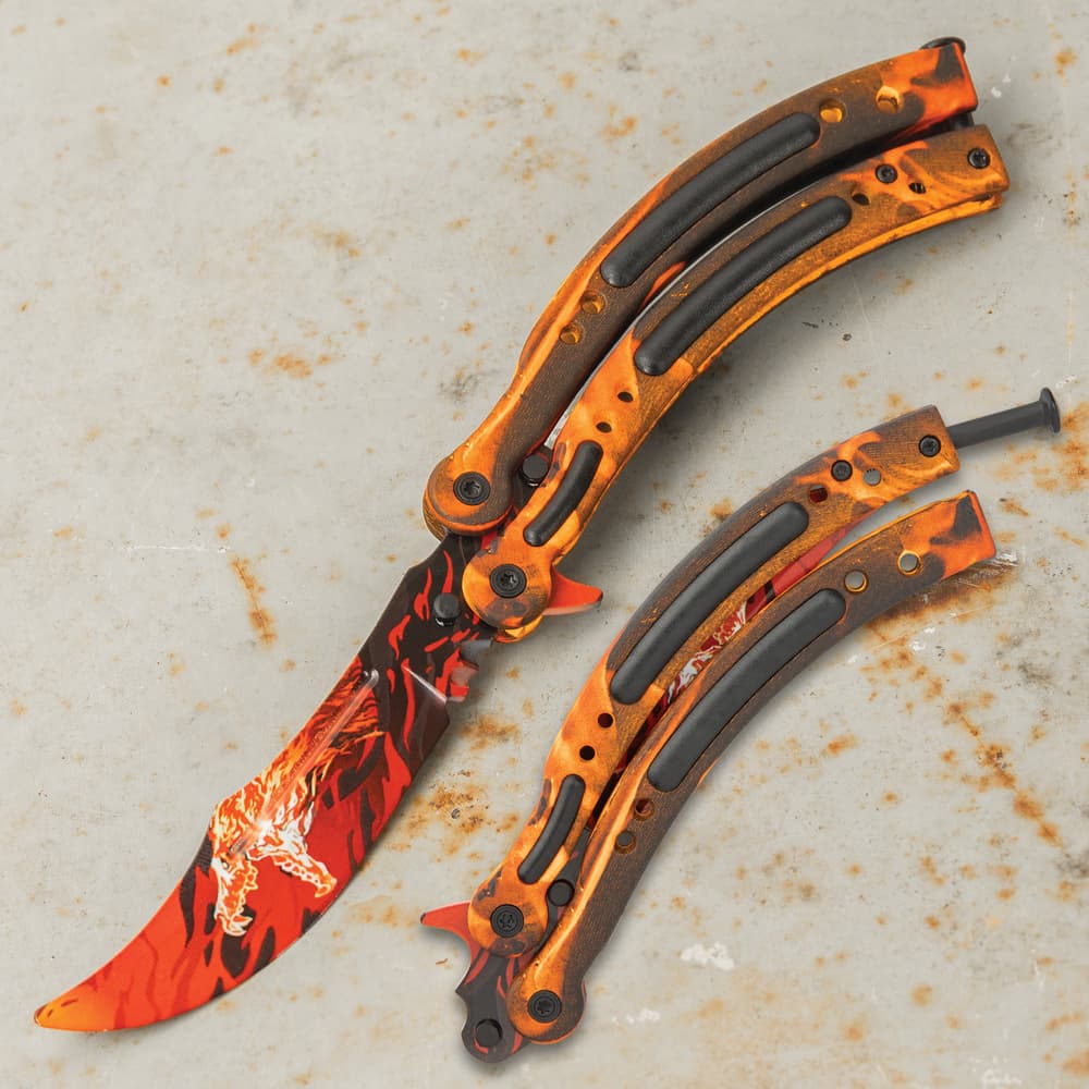 Howl And Flame Butterfly Knife Trainer - Stainless Steel Blade, Water  Transfer Design, Stainless Steel Handles - Closed Length 6