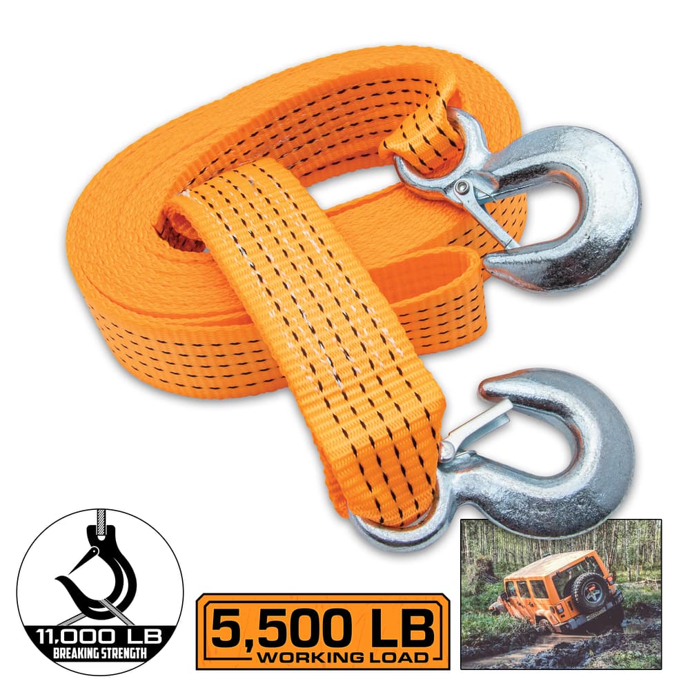 The BugOut 20-Foot Automotive Tow Strap has a 2 1/2-ton rating that makes it a great addition to your automotive emergency bag image number 0