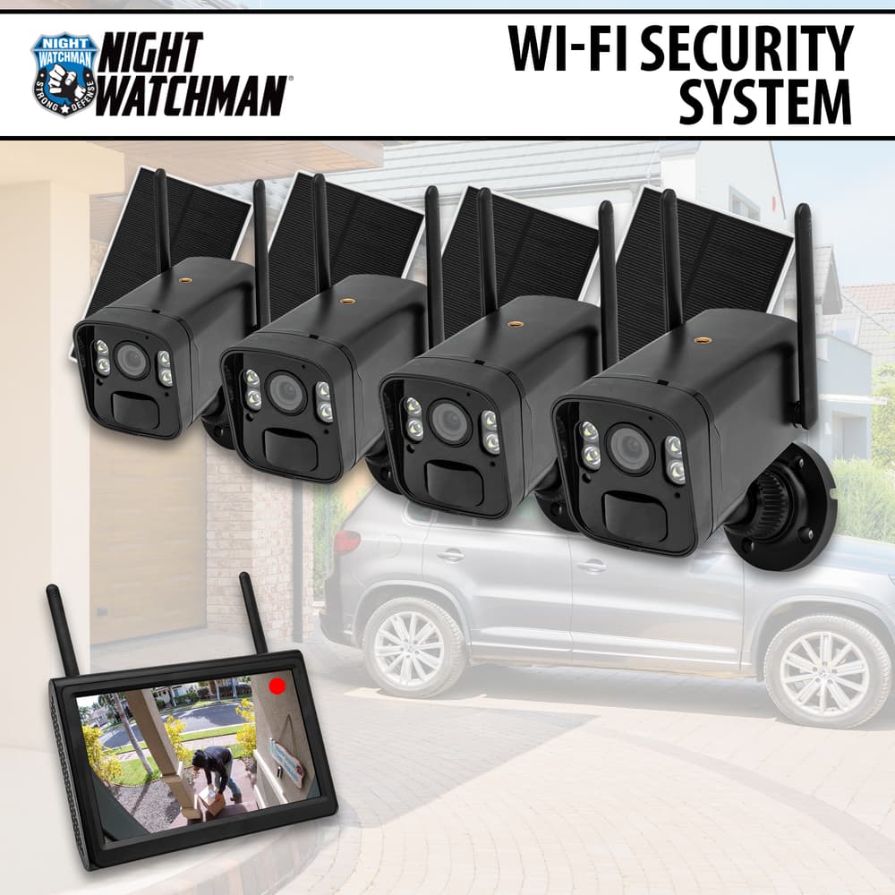 This 4 camera wi-fi security system offers 4 wireless, solar powered cameras with an included monitor screen that can save video. image number 0