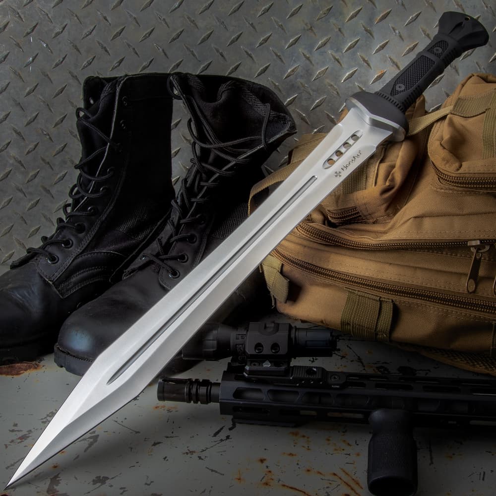 The 25” Gladiator has an 18 1/4” blade, the 23” Spartan has a 16 1/2” blade and the 25 3/4” Seax has a 19 3/8” blade image number 1