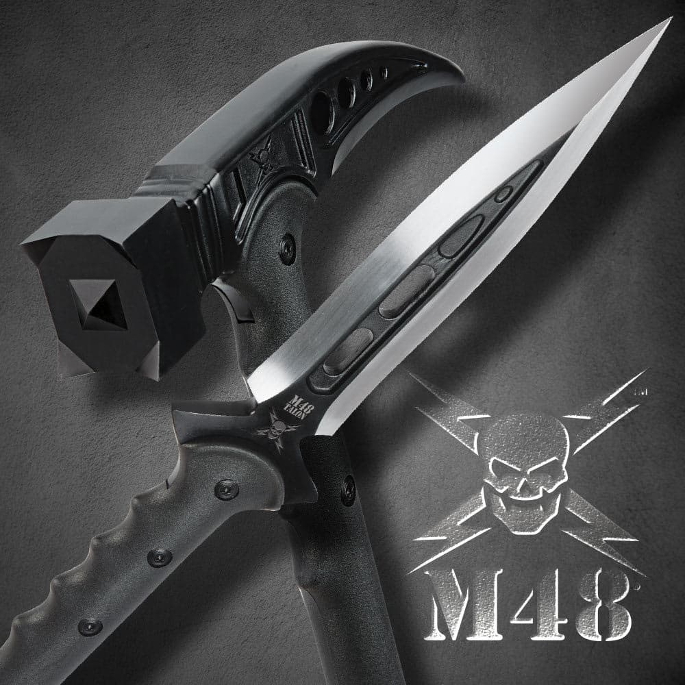 M48 tactical survival hammer and hunting spear head laying crossed showcasing sharp blade and axe head image number 1
