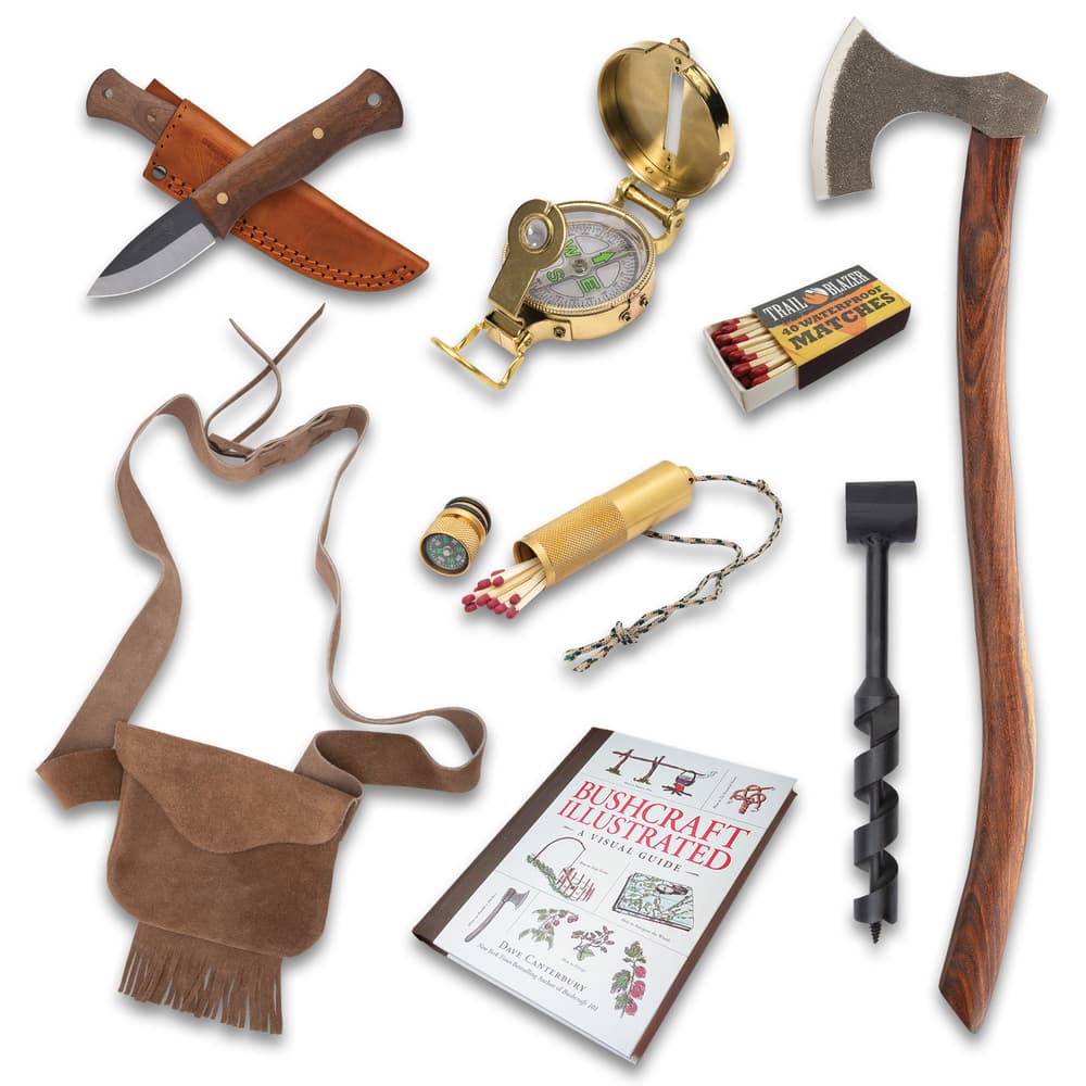 The Bushcraft Bandit Bundle includes illustrated visual guide, waterproof matches, auger, axe, match case, bag, compass, and knife. image number 1