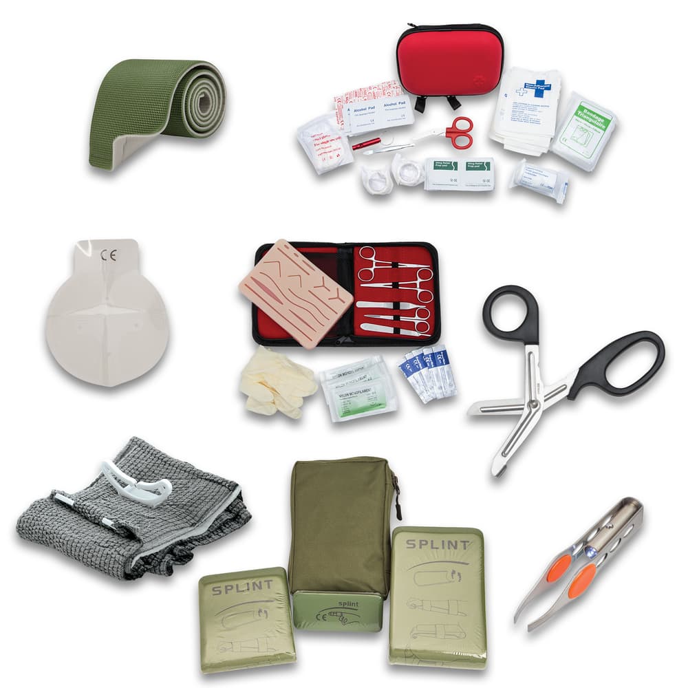 The Mountain Medic Bundle includes tweezers, a practice suture kit, Israeli Military Bandage, first aid kit, splint, chest seal, splint set, and trauma scissors. image number 1