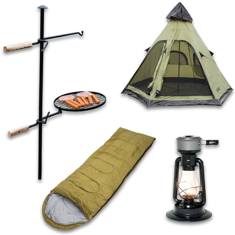 The Weekender Pro Bundle includes a fire pit grill, lantern heater cooker, four person teepee tent, and sleeping bag. image number 1