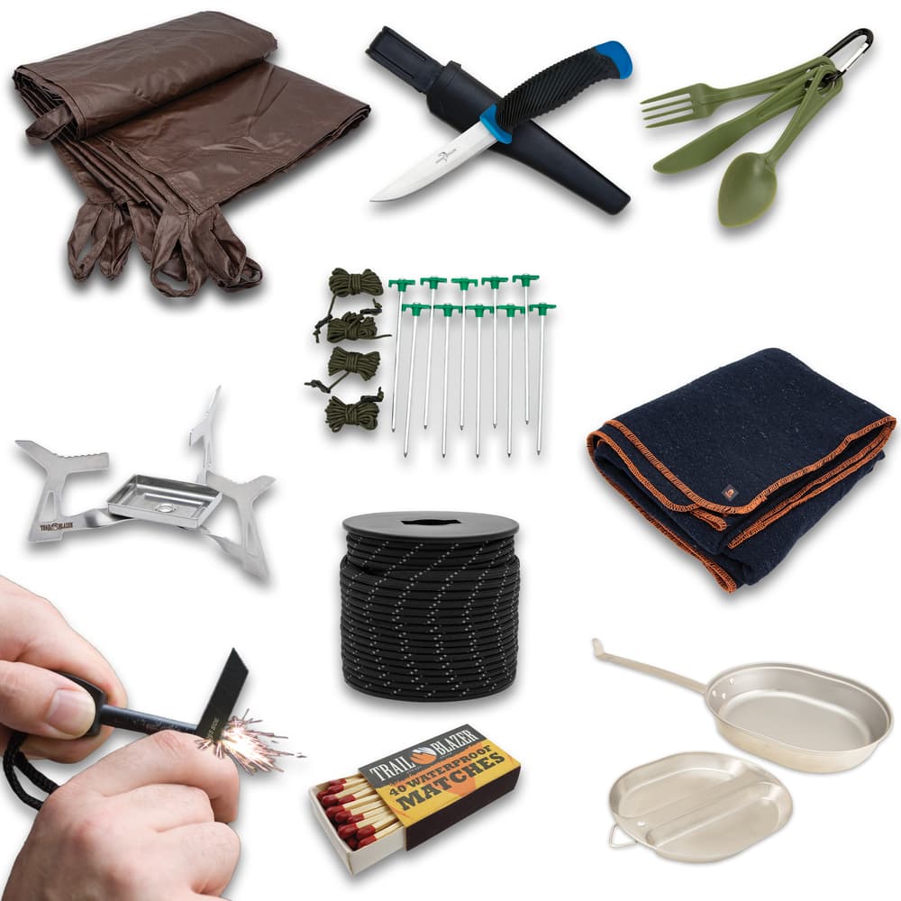The Bare Necessities Bundle includes waterproof matches, reflective paracord, knife, tarp, utensil set, camp stove kit, tent stakes, mess kit, and a blanket. image number 1