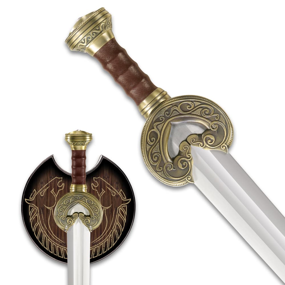 Close up image of King Theoden's Sword handle and pommel and the sword hanging on the wooden plaque. image number 1