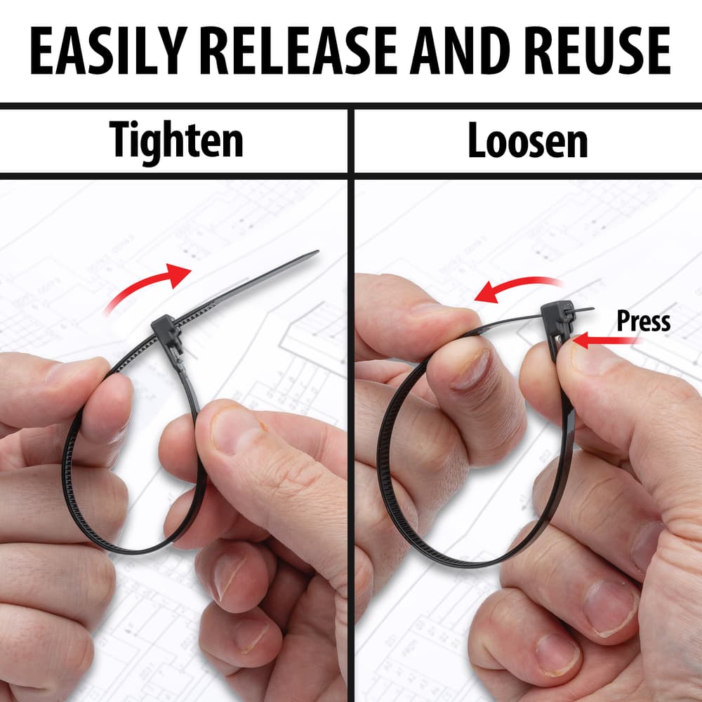Full image showing how to tighten and loosen zip tie. image number 1