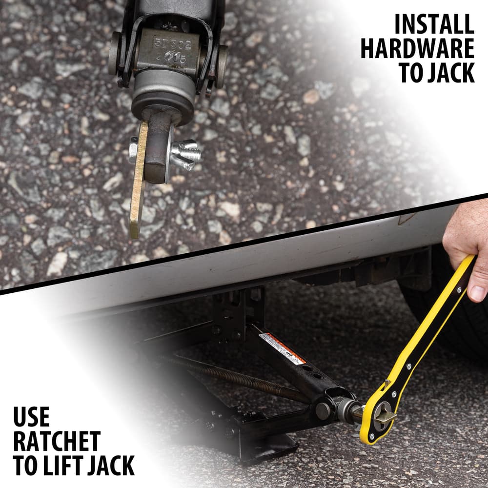 Full image showing the Scissor Jack Ratchet Wrench in use. image number 1