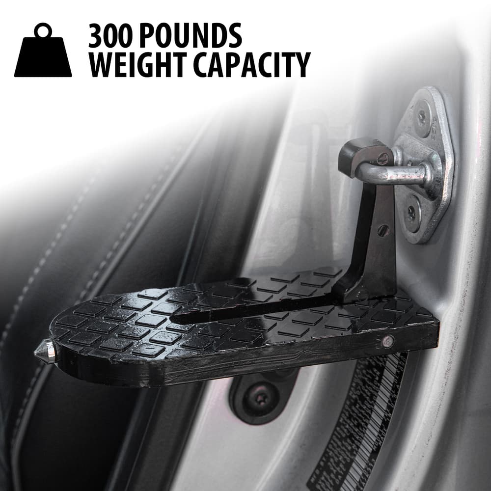 Full image of Car Door Step hooked onto a vehicle and shows the weight capacity. image number 1