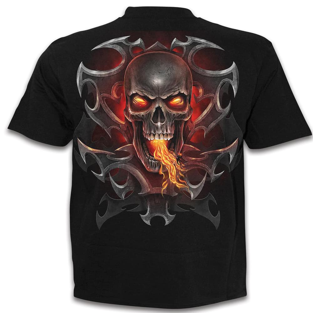 On the back of the shirt, is a close-up of the engraved skull on the metallic tribal talisma image number 1