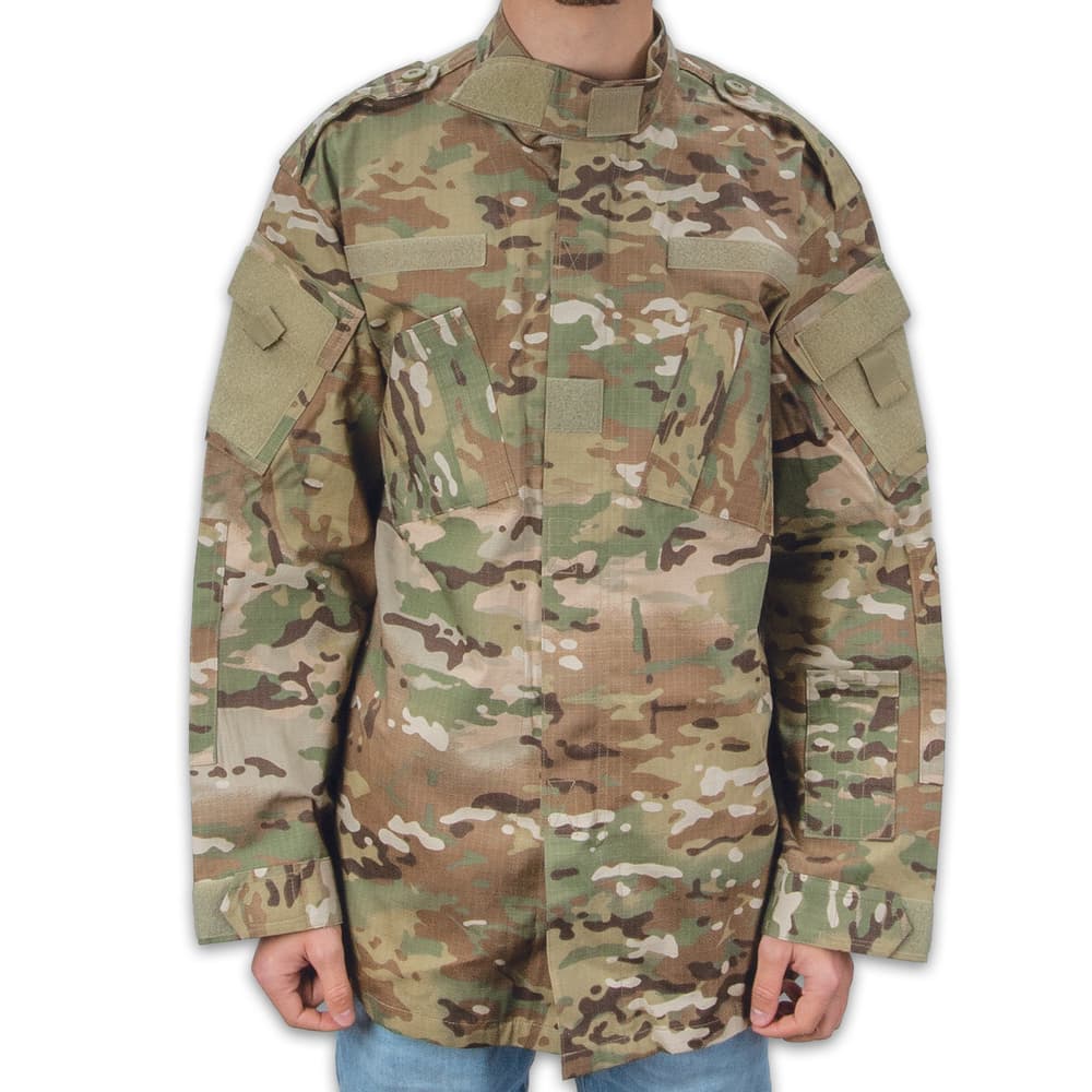 The OCP camo shirt has a tough, 65-percent polyester and 35-percent cotton, rip-stop construction with a zipper that’s comfortable for all-day wear image number 1