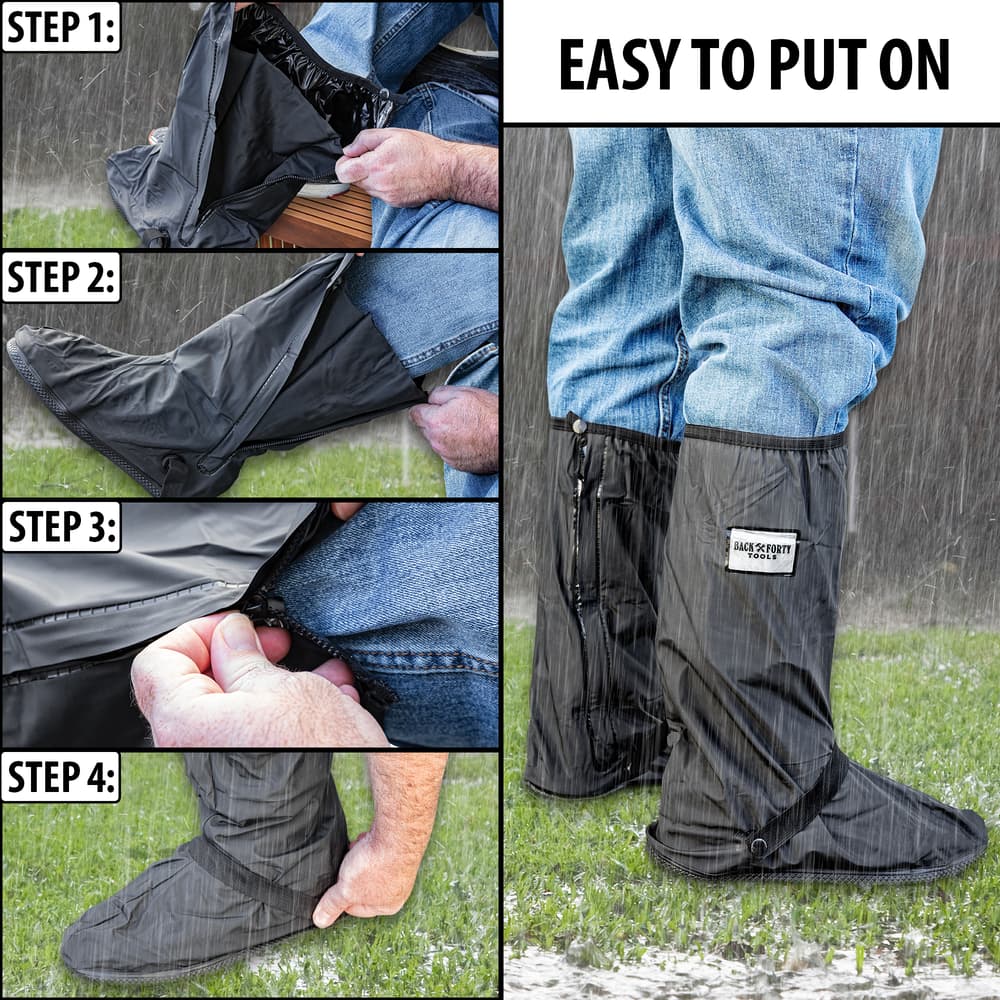 Multiple images showing steps on how to put on Water Proof Boot Covers. image number 1