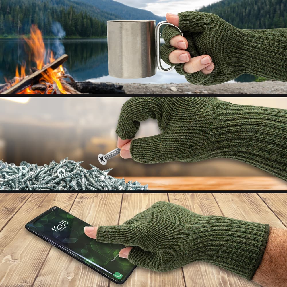 Full image showing what the Wool Fingerless Glove Inserts are used for. image number 1