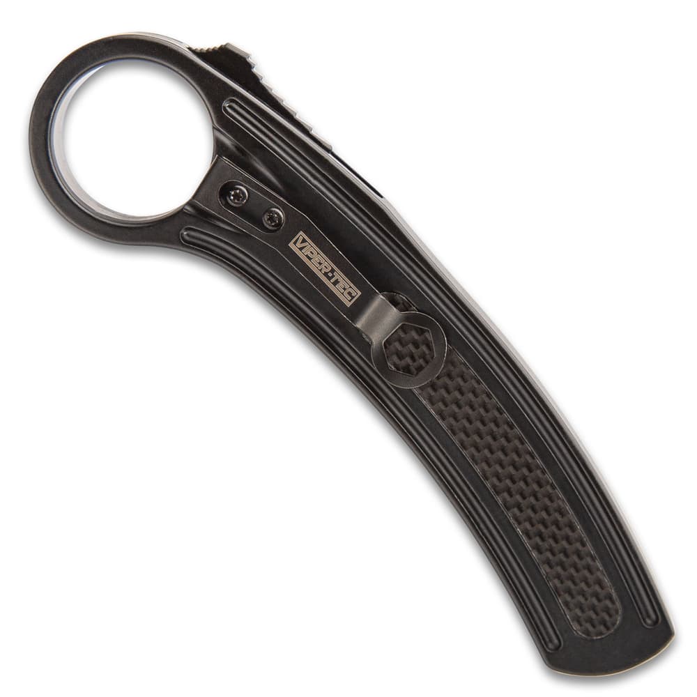 “Viper-Tec” is printed on the black steel pocket clip on the back of the black metal alloy handle. image number 1
