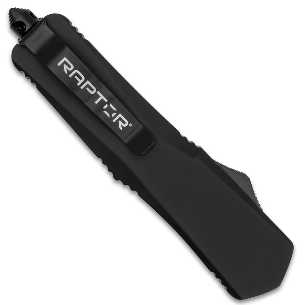 Closed OTF pocket knife with a matte black handle and black pocket clip with “Raptor” printed onto it in white, a glass breaking pommel, and a sliding trigger button. image number 1