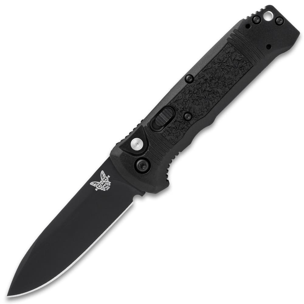 The automatic knife has a CPM-S30V steel drop point blade with a black finish image number 1