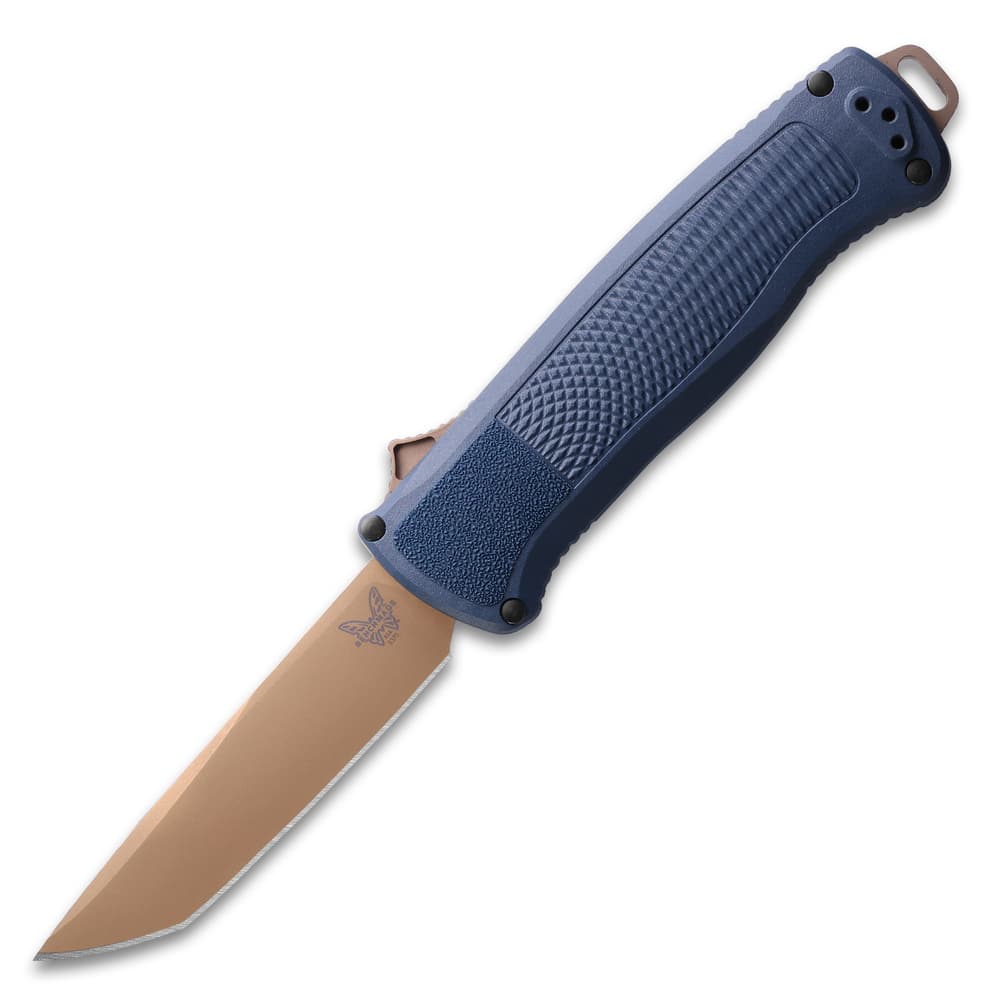 Angled image of Shootout Auto OTF Crater Blue Knife open. image number 1