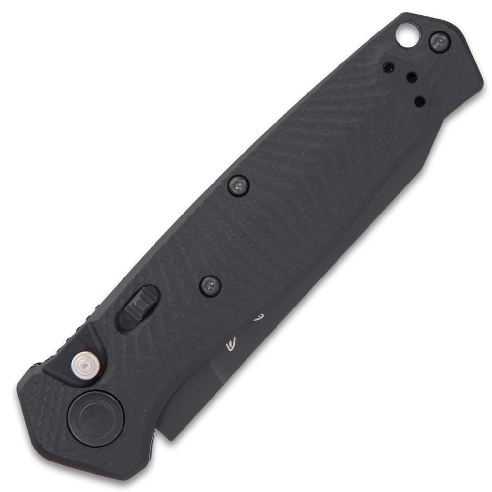 Closed all-black pocket knife with automatic opening and milled chevron G10 handle scales and lanyard hole. image number 1